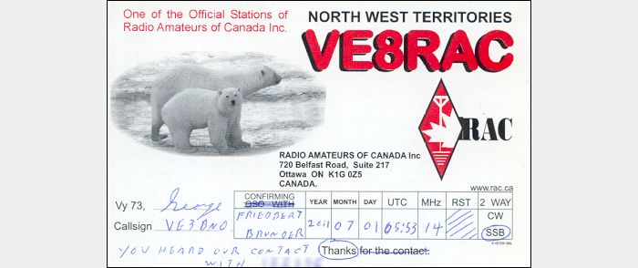 QSL VE8RAC Inuvik, North West Territories