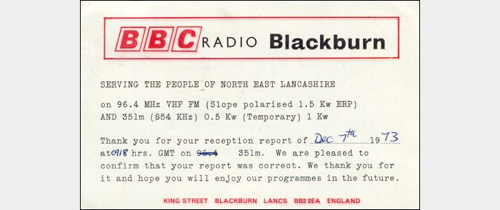 QSL BBC Radio Blackburn