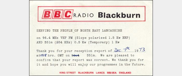QSL BBC Radio Blackburn