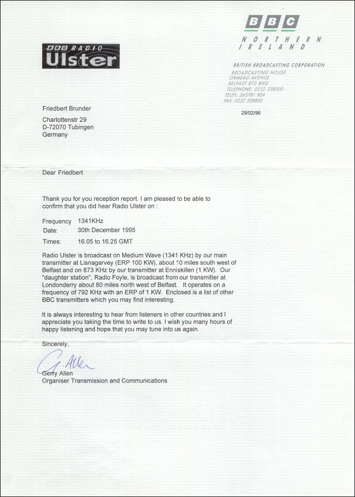 QSL BBC Radio Ulster