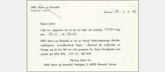 QSL Norsk Rikskringkasting, Alesund