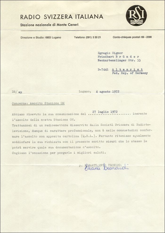 QSL Radio Svizzera Italiana