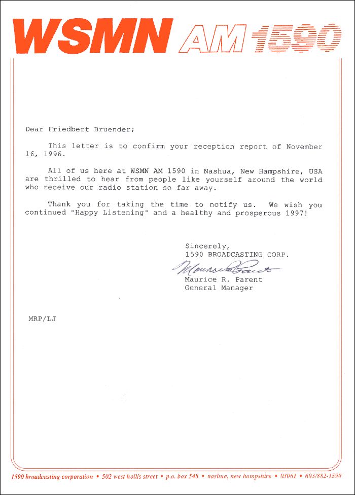 QSL WSMN Nashua, New Hampshire