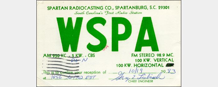 QSL WSPA Spartanburg, South Carolina