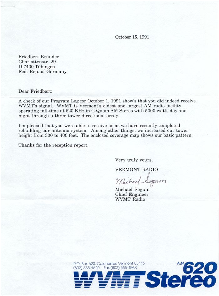 QSL WVMT Colchester, Vermont