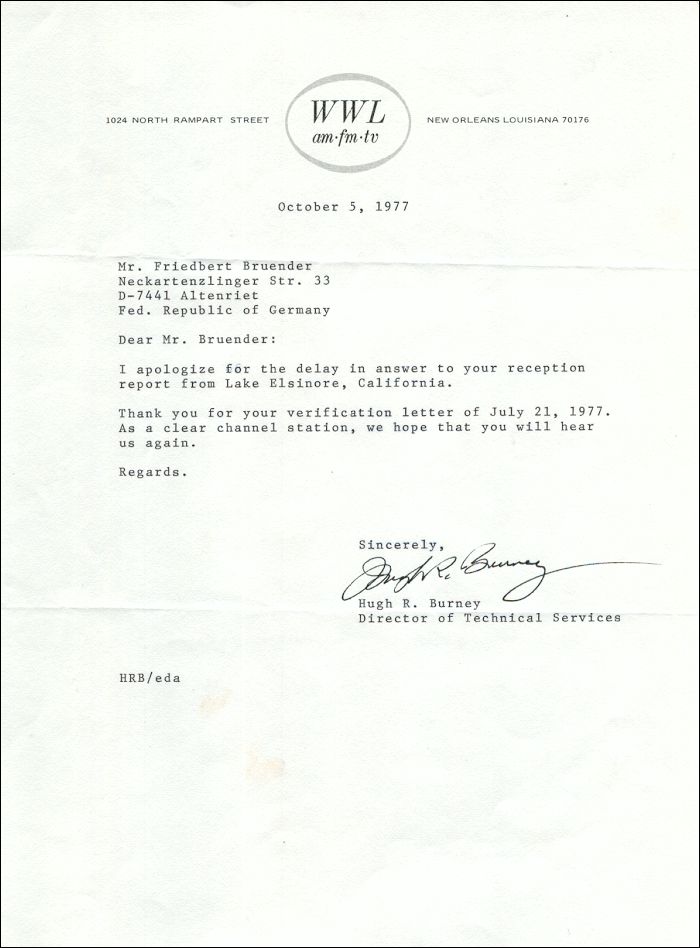 QSL WWL New Orleans, Louisiana