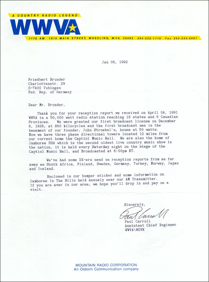 QSL WWVA Wheeling, West Virginia